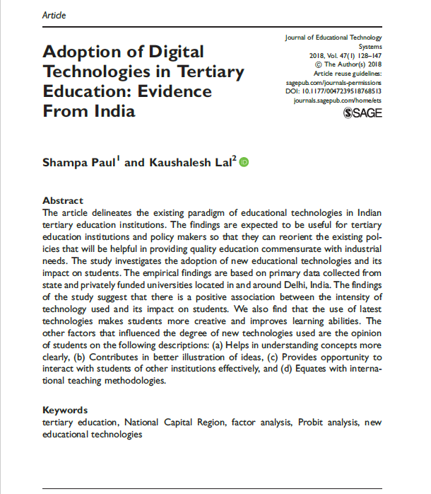 ADOPTION OF DIGITAL TECHNOLOGIES IN TERTIARY EDUCATION: EVIDENCE FROM INDIA